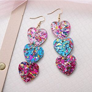 3 Glitter Confetti Dangle Acrylic HEART Earrings Pink Blue